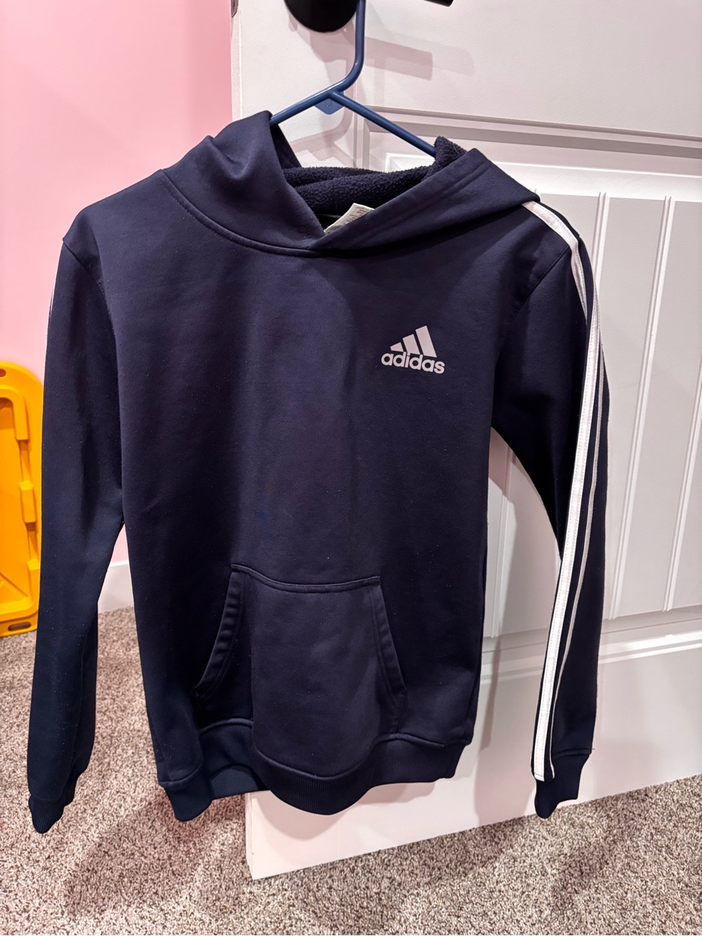Adidas Navy Blue Hoodie with White Stripes kids large